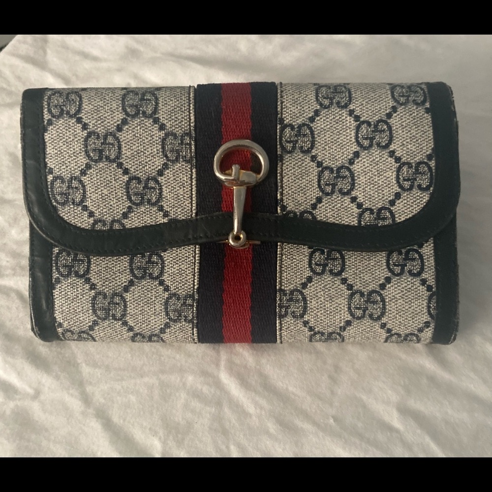 Authentic Vintage Gucci Blue Wallet Red Stripe Big